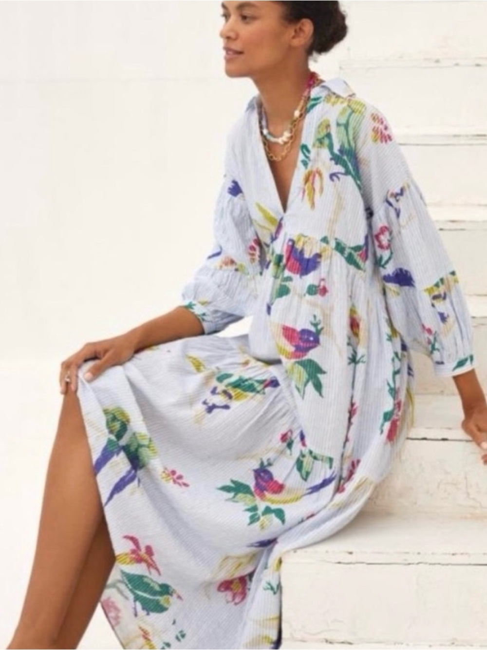 ANTHROPOLOGIE Blue & White Pinstriped Maxi Dress with Floral & Bird Print